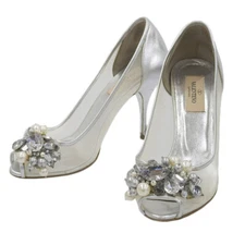 Used Valentino Garavani Pumps Heel Leather x Mesh Silver EU36 US6 Japan F/S