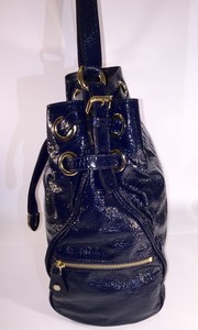 navy blue patent leather handbag
