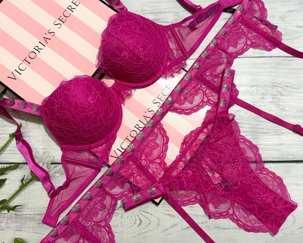 Victoria's Secret Shine Strap Lace Hearts 3 piece Push-Up