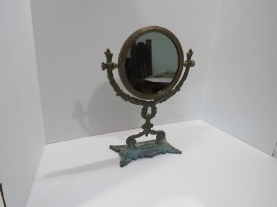 1940 Vintage/Antique Round Ornate Brass Two-Sided Vanity Mirror.