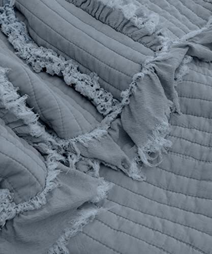 Ultra Soft Pre-Washed Quilted Throw Blanket, Ruffle Fringed 50"x60" Dark Blue - Picture 3 of 8
