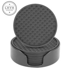 Set of 6 Silicone Drinks Coasters Non-Slip Cup Mat Pad With Holder Round Rubber