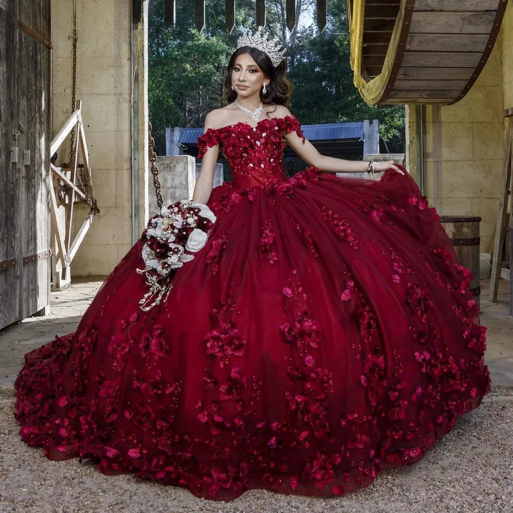 open lace back dress Red Off The Shoulder Tulle Quinceanera Dresses With Lace Appliques main image 0