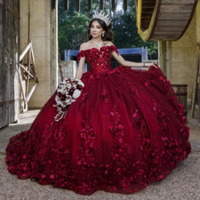 Red 3D Flowers Sleeveless Ball Gown Quinceanera Dresses Appliques Lace Sweet16