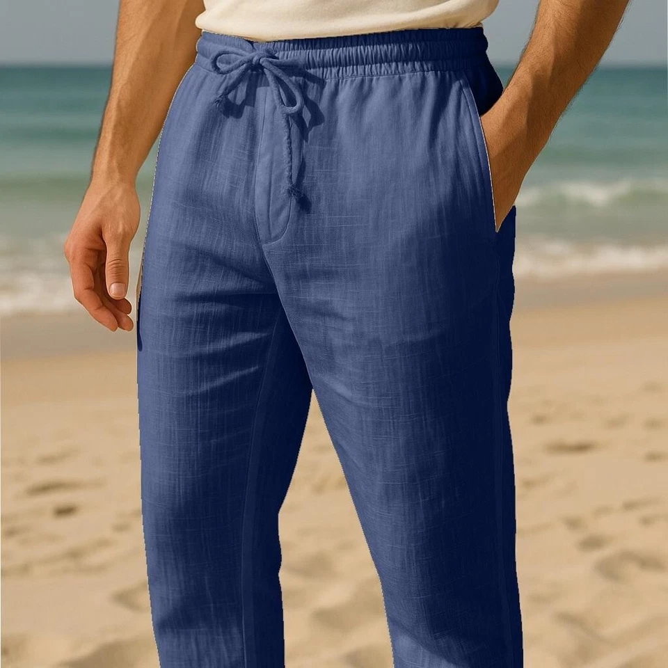 Pantaloni di lino uomo bianco elasticizzati con elastico in vita estivi cotone M - Immagine 4 di 4
