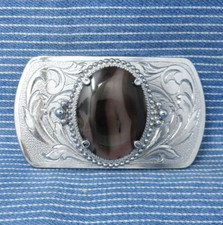 Classic Western Dress Belt Buckle Black White Agate Stone Mount Vtg 80s .BMW781
