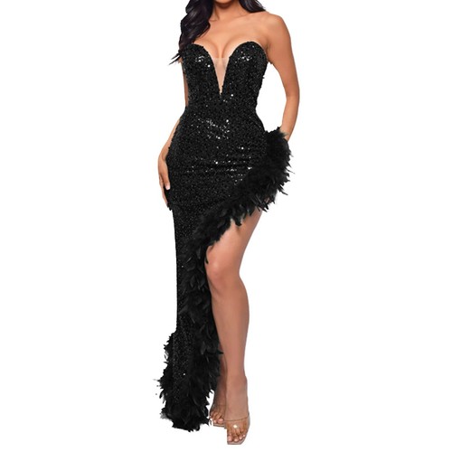Ladies Evening Dress Tube Top Backless Side Slit Sexy Sequin Feather Gown 1920s - Picture 25 of 66