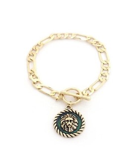 Authentic Gold Plated Bracelet Figaro Chain Lion Head Emblem Green Round Gilded Charm