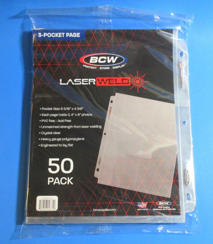 50 BCW LASERWELD 3-POCKET ALBUM PAGES FOR  POSTCARDS, COVERS, PHOTOS, ETC. 