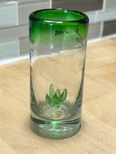 Hand Blown Mexican Shot Glass Agave Cactus inside Green rim & Clear 3.5"