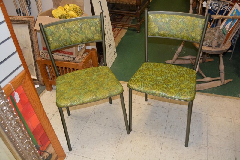 Vintage Pair Mid Century COSCO Folding Chairs Metal Green /Gold Shimmer Vinyl VA
