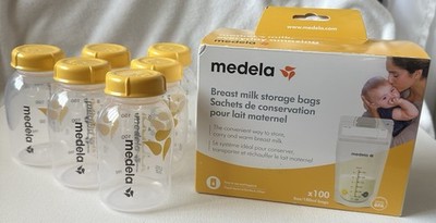 Medela Breast Milk Storage Bags 75 Count + 6 Bottles 150ml BPA Free Open Box