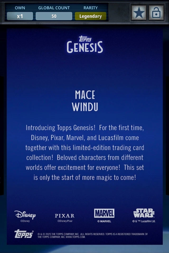 Topps Star Wars Digital Card Legendary 2025 Genesis Gold MACE WINDU (50cc) - Image 2 of 4