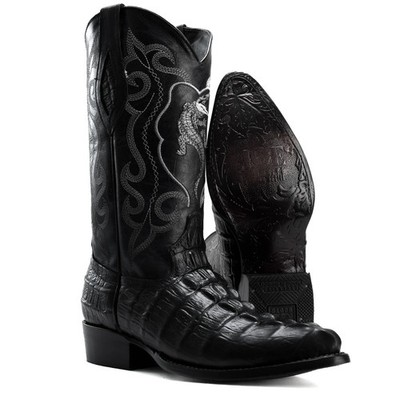Men s Genuine Leather Exotic Alligator Print J-Toe Cowboy Western Boots - Black