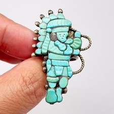 Vintage Zuni Native Lavonne Lalio Kachina Turquoise Dancer Silver Ring Size 7.5