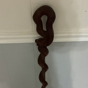 Wooden Snake Design Walking Stick Brown Hiking Cane Unisex Adults Rounded Top