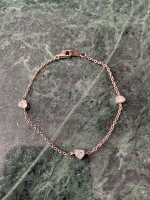 Three Heart Crystal Sterling Silver Chain Station Bracelet 7.25  Dainty