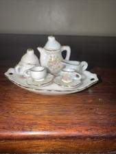 Vintage Dollhouse Miniature Porcelain Pink Rose Green Tea Set 10 Piece