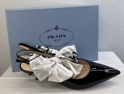 Prada Patent Slingback Pumps With Bow Women's US8.5 EU38.5 Black Patent Leather
