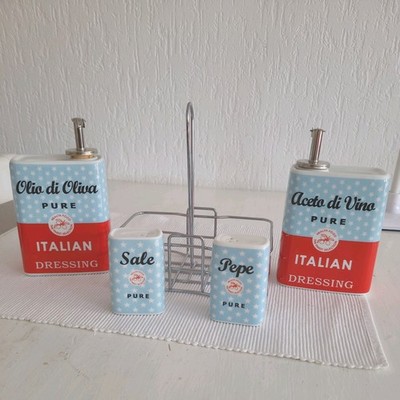 Vintage Menage Set Keramik Blau Rot Italian Essig Öl Salz Pfeffer Senf 5-tlg.Top