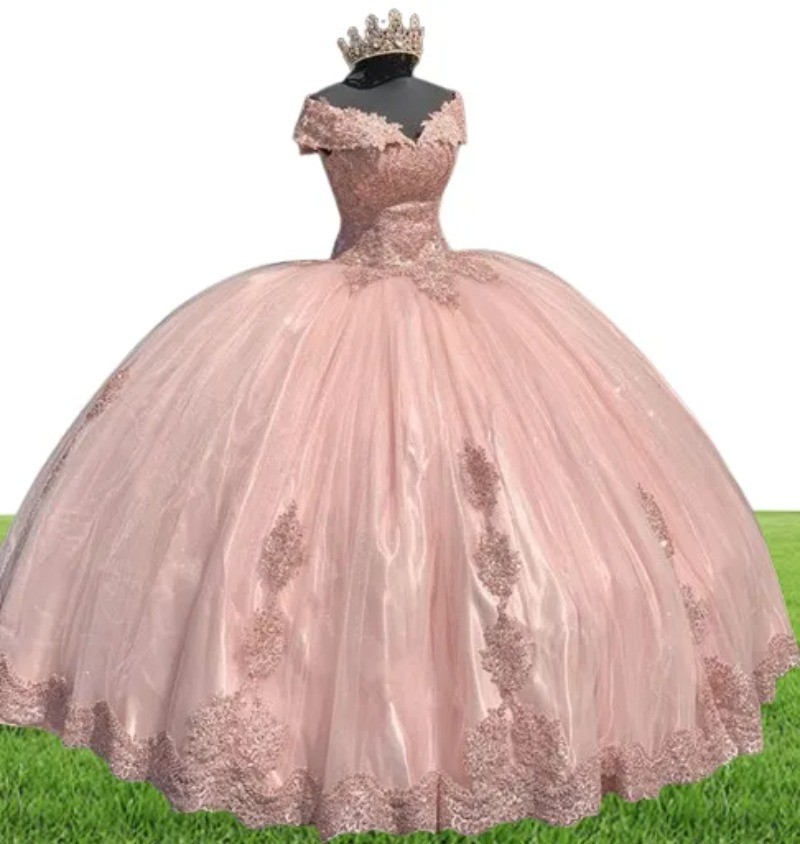 Vestido de Baile Vestidos de Quinceañera Fuera del Hombro Apliques Encaje Dulce Barato Fiesta