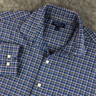 Peter Millar Crown Crafted Mens XL Blue Plaid Nylon Spandex Button Down Shirt