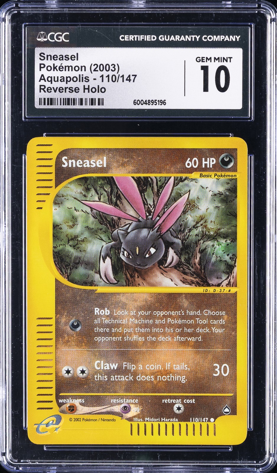 2003 POKEMON AQUAPOLIS #110 SNEASEL-REVERSE FOIL CGC 10 GEM MINT