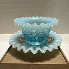 VTG 1950's Fenton Blue Opalescent Hobnail 2 Piece Mayonnaise Set
