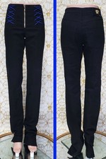 VERSACE BLACK STRETCHY JEANS w/ BLUE BUNGEE LACING size 27 Gold Zip