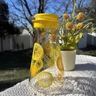 Vintage Pyrex Lemon Orange Slices Clear Glass Juice Carafe Flat Top Yellow Lid