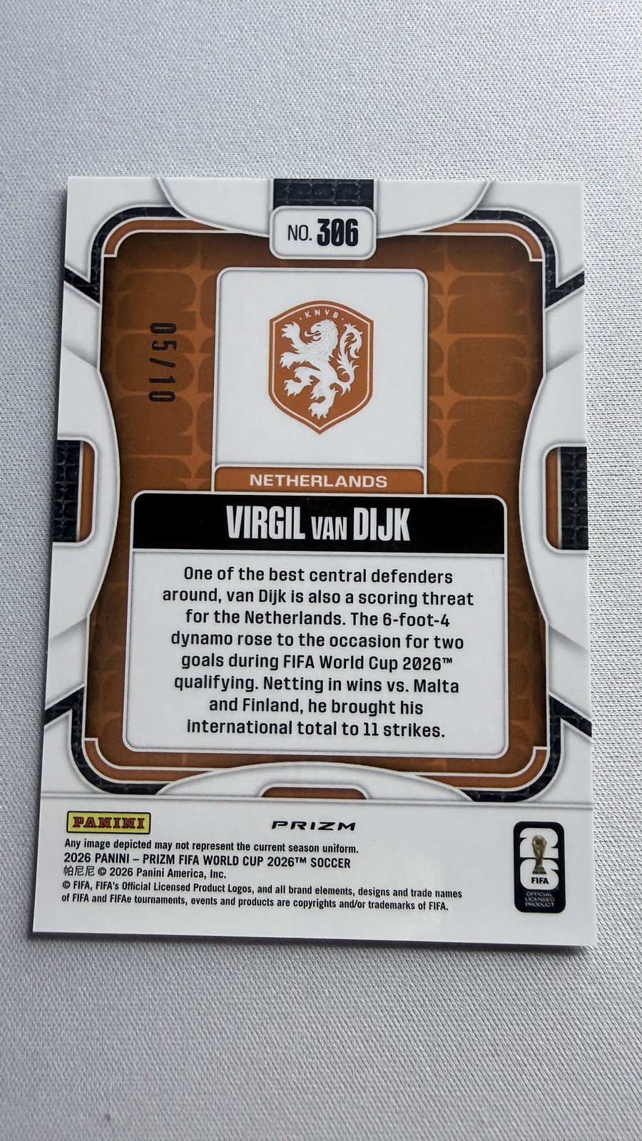 2026 Panini Prizm World Cup Virgil van Dijk Gold Prizm 05/10 #306 view 9