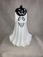 Halloween Ceramic White Ghost Holding Jack O Lantern Black Pumpkin Lights Up New