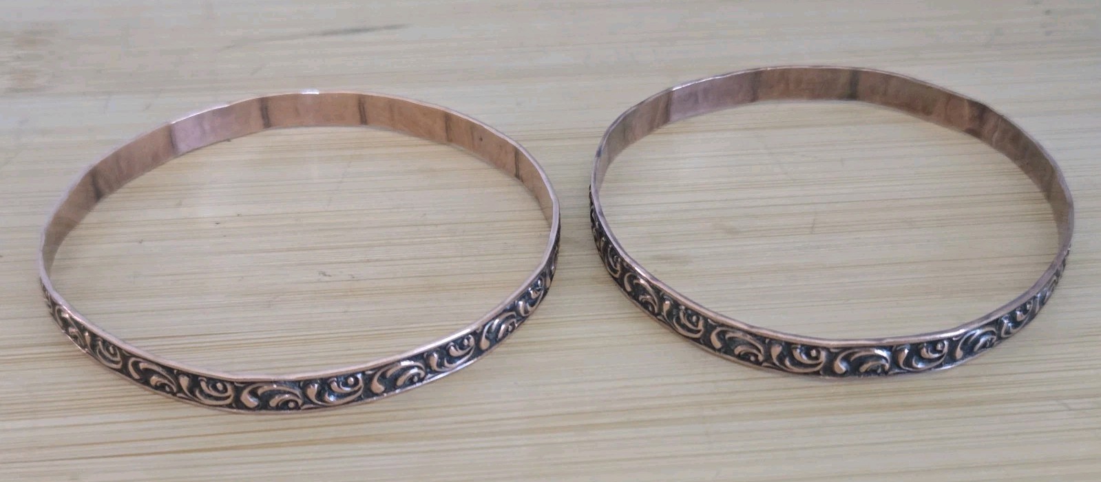 Pair Solid Copper Bangle Bracelets Etched Scroll … - image 7