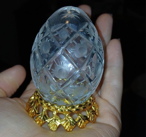Authentic Faberge Rose Trellis Etched Crystal Egg With Gold Stand