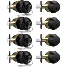 4 Pack Keyed Alike Matte Black Entry Door Knob with Single Cylinder Deadbolt
