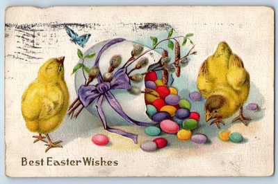 1915 Easter Little Chicks Hatched Egg Cattails Pipe Berry Embossed Postcard