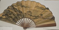 Vintage Chinese Folding Hand Fan Bamboo Paper Landscape Art Calligraphy Poem