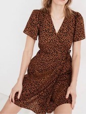 MADEWELL PAINTED LEOPARD FLITTER SLEEVE WRAP MINI DRESS BROWN WITH BLACK SZ XS