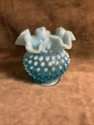 Vintage 1950s Fenton art glass blue Opalescent ruffled crimp top rose bowl Vase