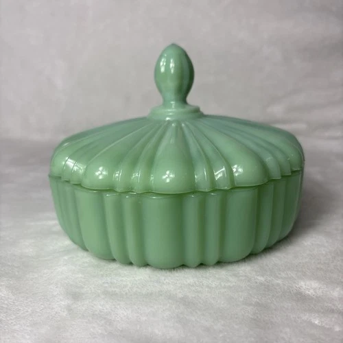 Anchor Hocking Fire King Jadeite Green Old Cafe Candy Dish with Lid 7" Vintage