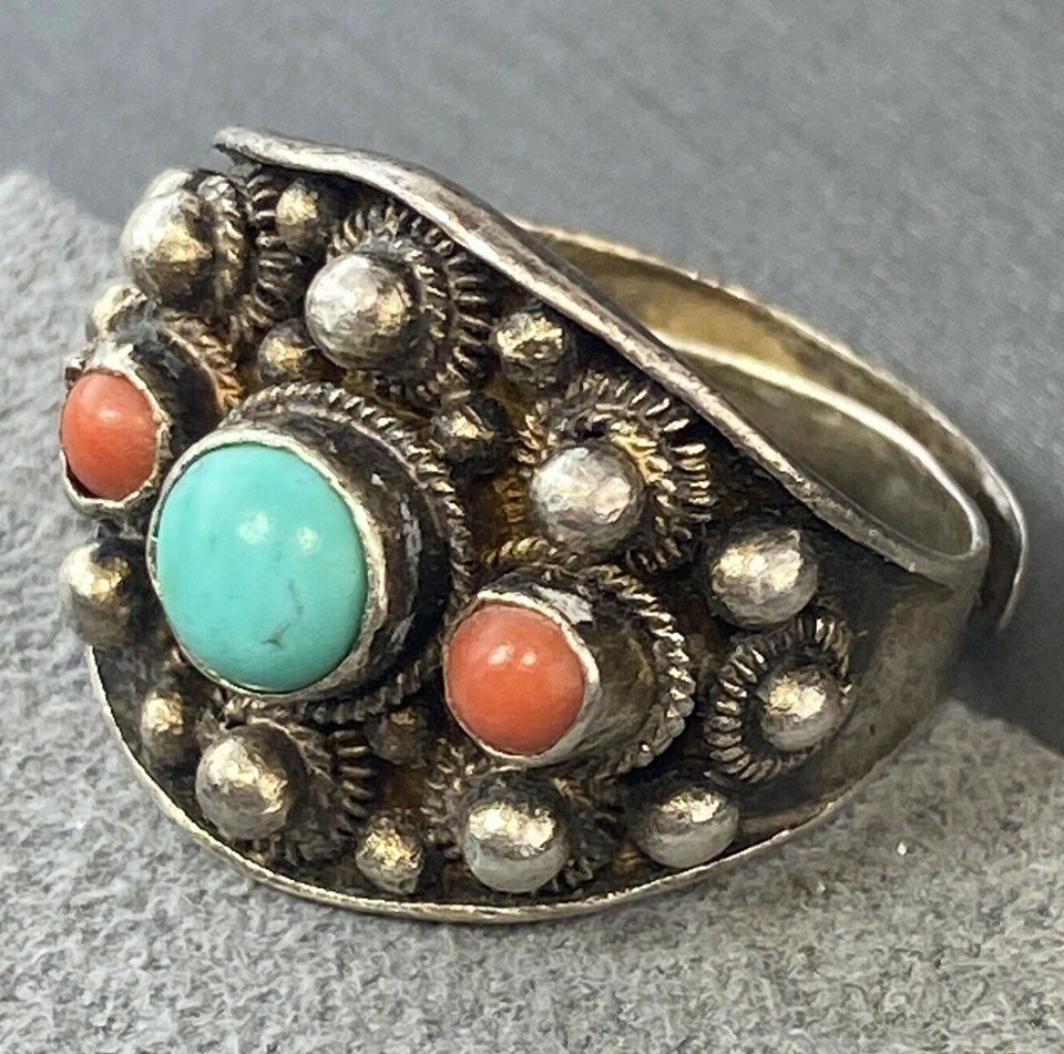 Old Pawn Sterling Turquoise Coral Ring Estate Fine Jewelry Preowned