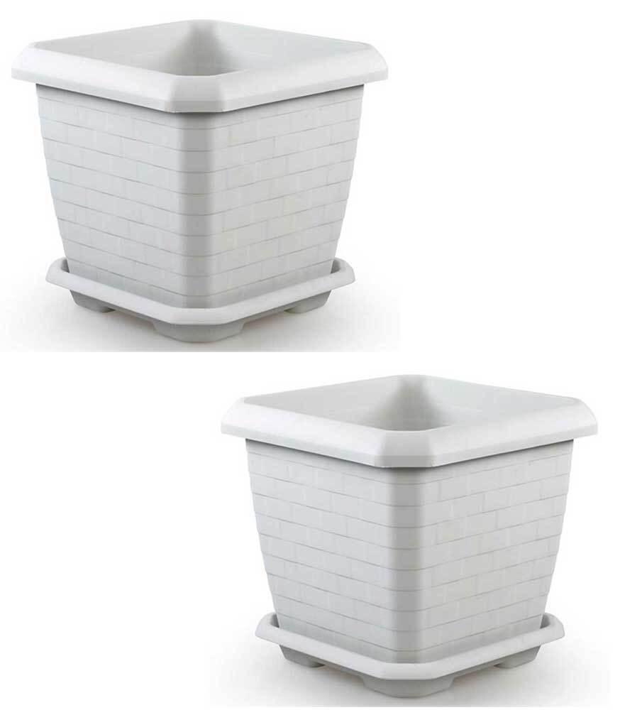 Maceta Cuadrada 44x44cm, Set 2 Unidades, Maceta con Plato, 44 litros Gris