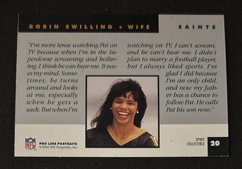 1992 Pro Line Portraits Wives Spirit Collectible Robin Swilling #20 Pat Swilling - Image 2 of 2