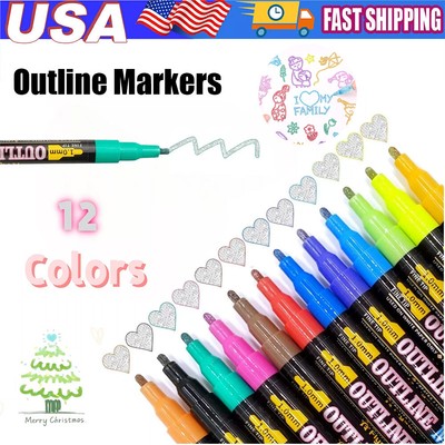 Doodle Dazzle Markers Double Line Outline Pens, 12 Colors Self Outline Metallic