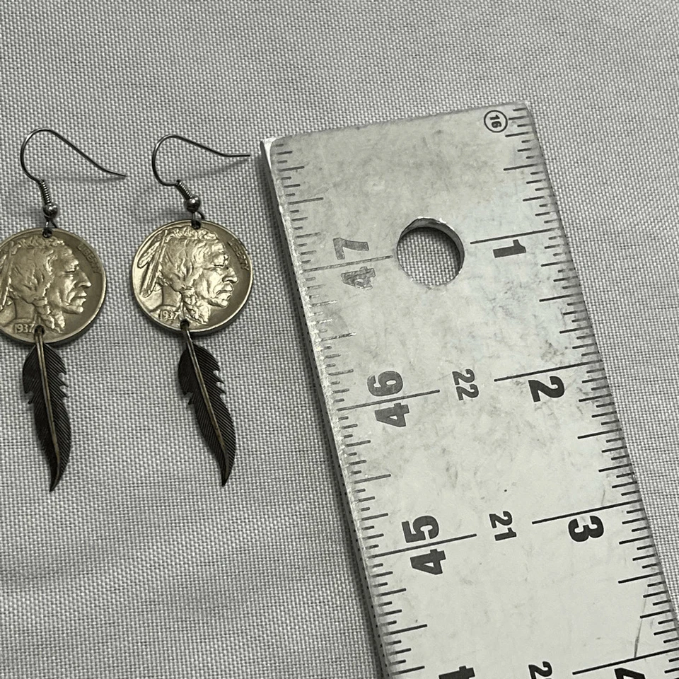 Brincos antigos MARCADOS 1937 Buffalo níquel 925 prata esterlina pendurados perfurados - Imagem 3 de 4