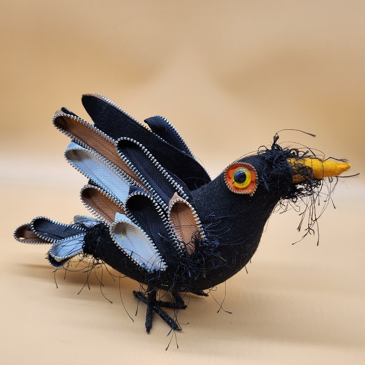 Black Bird Zipper Wings and Tail Hand Crafted, Made Decoration