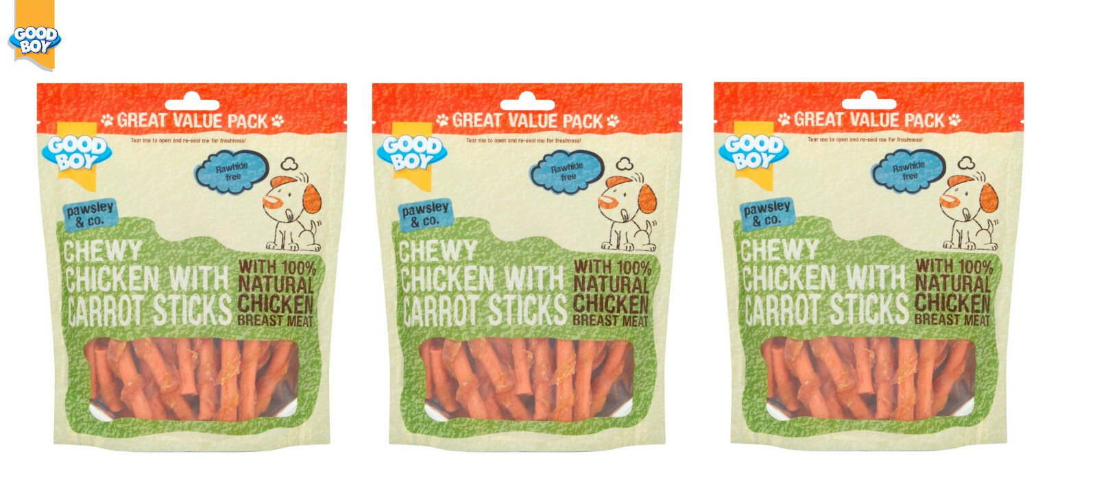 3 X 320G GOODBOY VALUE PACK CHEWY CHICKEN WITH CARROT STICKS TASTY DOG TREATS