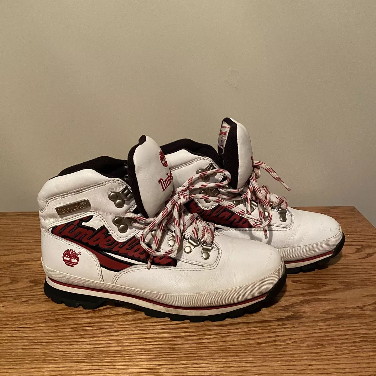 Vintage TIMBERLAND BOOTS WOMEN S US SIZE 10M. WHITE RED BIG LOGO EMBROIDERED