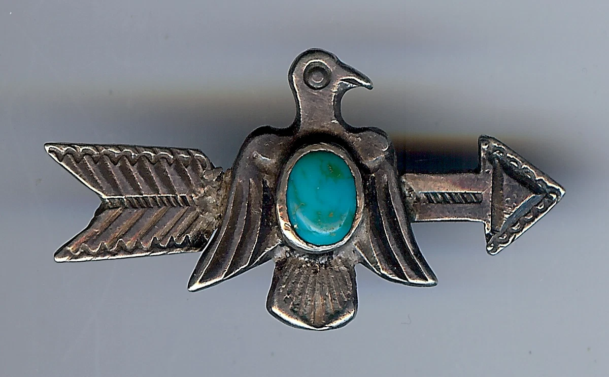 VINTAGE 1930'S NAVAJO INDIAN SILVER TURQUOISE THUNDERBIRD ARROW PIN BROOCH*