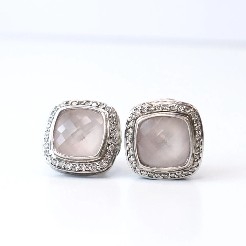 Pendientes David Yurman Albion Plata de Ley 925 Cuarzo Rosa Diamantes Pavimentado $1295 Foto 4 de 4